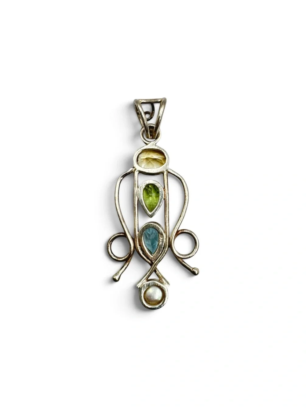 Vintage Y2K Sterling Silver Citrine Peridot Blue Topaz Pearl Pendant 2”